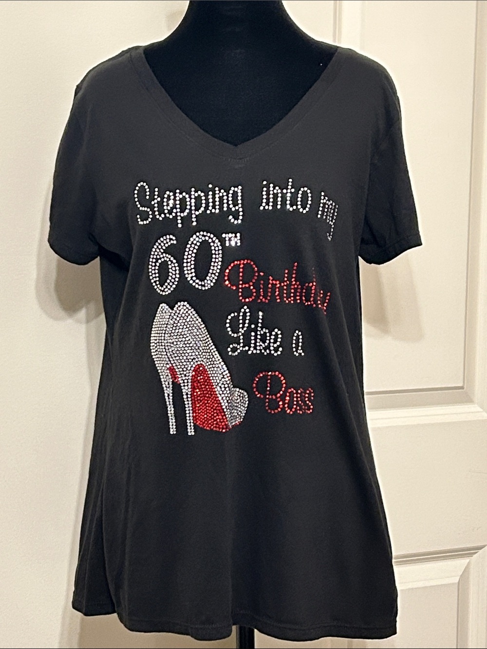 Black V-Neck 'Stepping into my 60th Birthday Like a Boss' Rhinestone Tee
